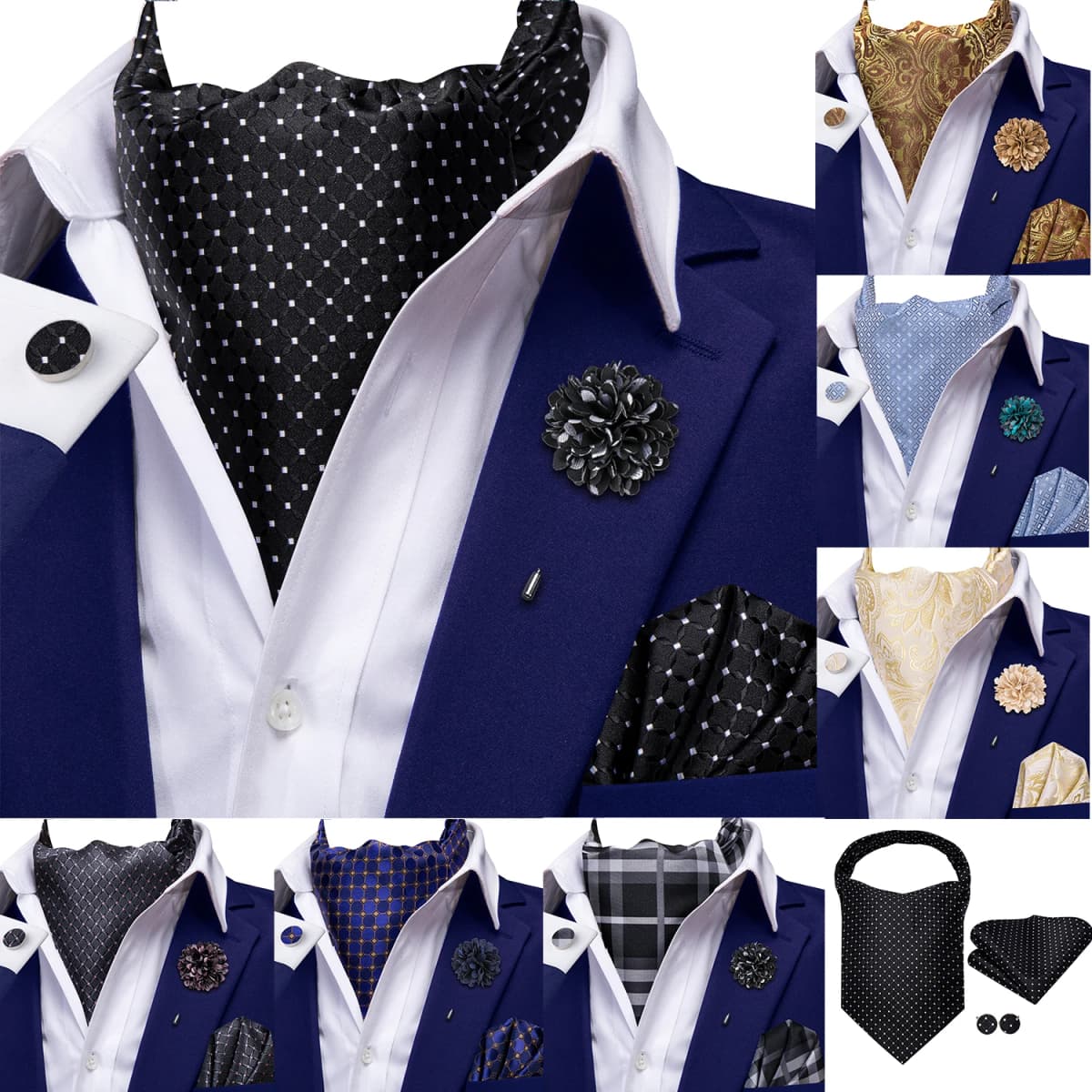 Hi-Tie 4pcs Mens Paisley Ascot With Brooch Black Blue Gold Beige Cravat Tie Hanky Cufflinks for Wedding Business Prom Gift