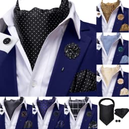 Hi-Tie 4pcs Mens Paisley Ascot With Brooch Black Blue Gold Beige Cravat Tie Hanky Cufflinks for Wedding Business Prom Gift