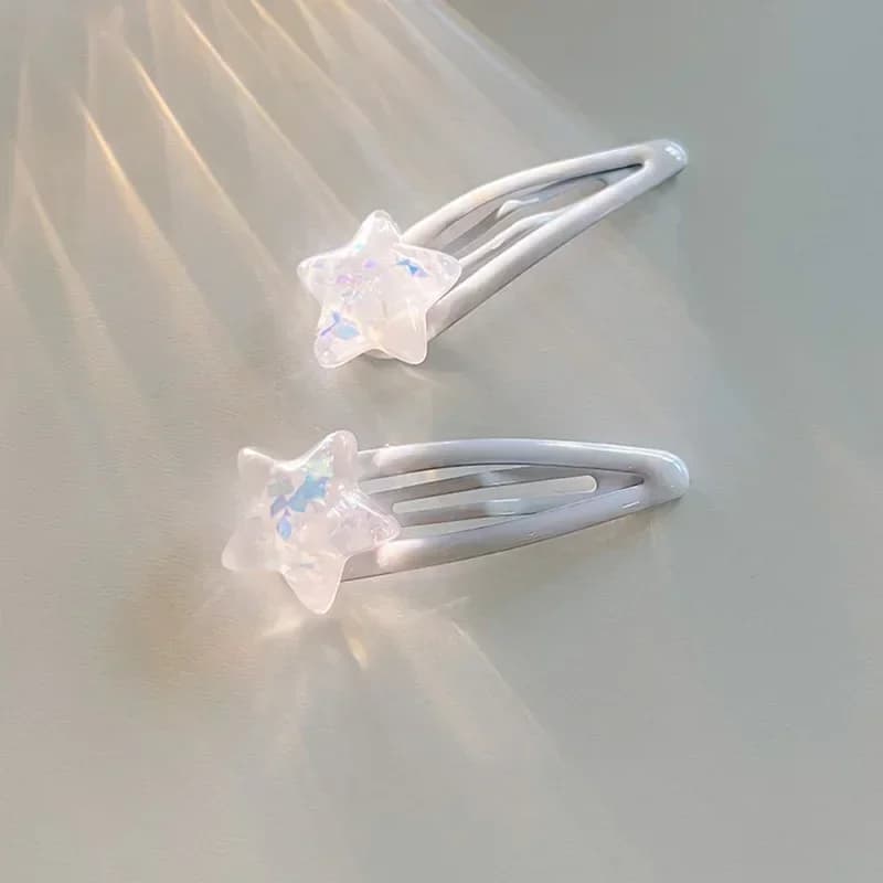 2pcs White Star Bangs Side Clip Women Girls Sweet Cute Snap Clip Hairpin Barrettes Korean Style Fashion Hair Accessories