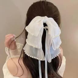 Women's Hair Accessory Beaded Ribbon Bow Shark Clip for Ponytail
