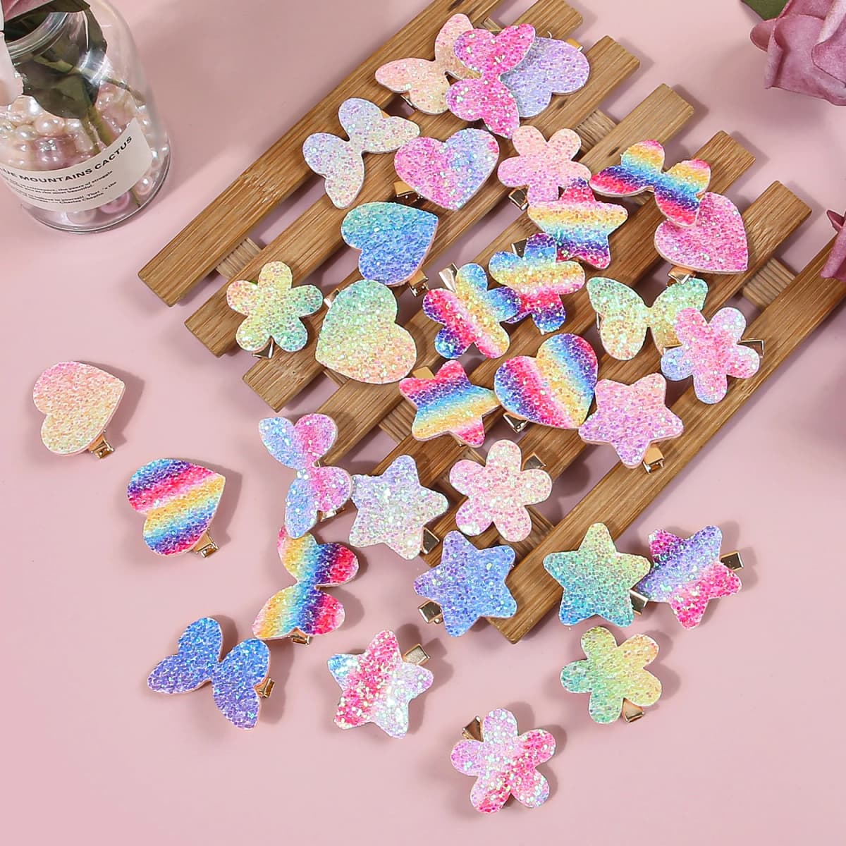 8/32pcs Sparkly Rainbow Star Hair Clips Girls Butterfly Hairpins Glitter Flower Heart Shaped Hair Clips Children Kids Headwear