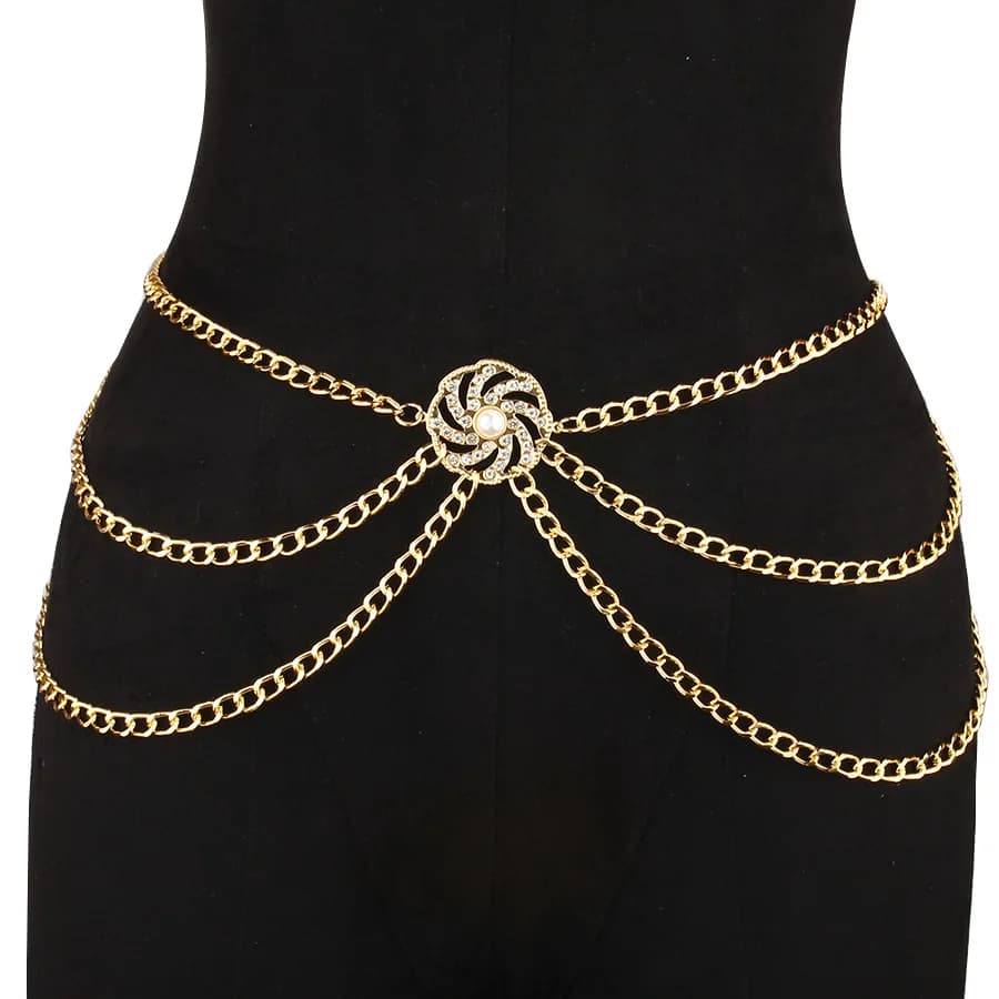 Versatile Multi-Layer Disc Inlaid with Diamond Pearl Waist Chain New Style Tunic Decorative Metal Belt for Women