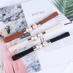 Elegant Vintage Pearl Waist Chain Belts Women's Korean Style Sweater Jacket Hooks Elastic Slim Fit Leather Belt