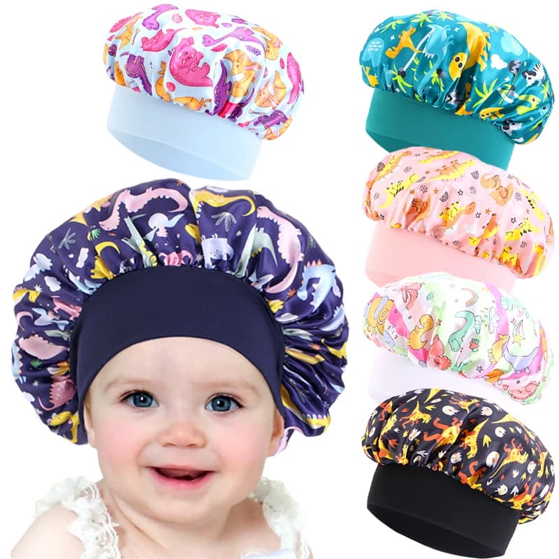 New Kids Satin Bonnet Dinosaur Wide Elastic Band Sleeping Cap Soft Silky Night Hair Hats for Teens Toddler Child Baby