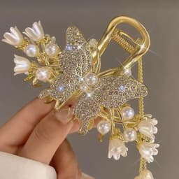 Elegant Butterfly/Flower Hair Claw Clips Gold Color Alloy Hairpins Ponytail Holder Pearls Pendant Headpieces for Women Girls