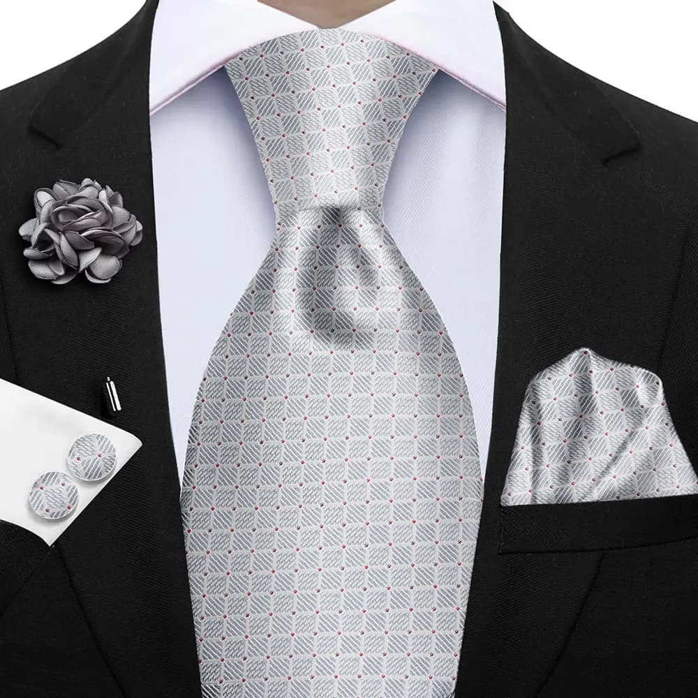 Luxury Mens Purple Yellow Grey Ties Floral Ties Plaid Striped NeckTie Pocket Square Cufflinks Brooch Set Men's Wedding Party Tie
