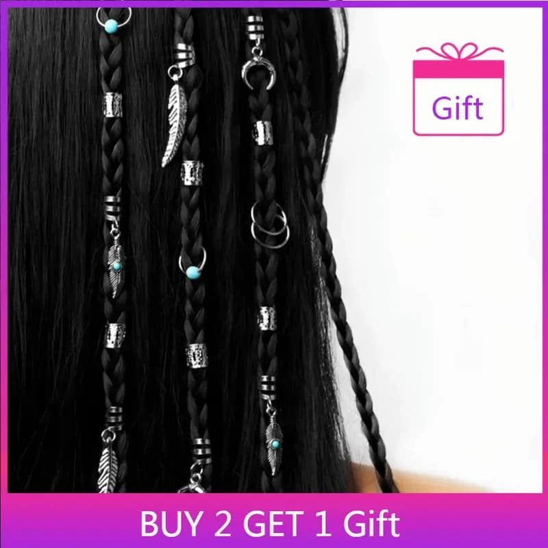 Turquoise Feather Moon Pendant Hair Rings Adjustable Unisex Boho Hair Cuffs Natural Style Dreadlock Accessories Multi-Size