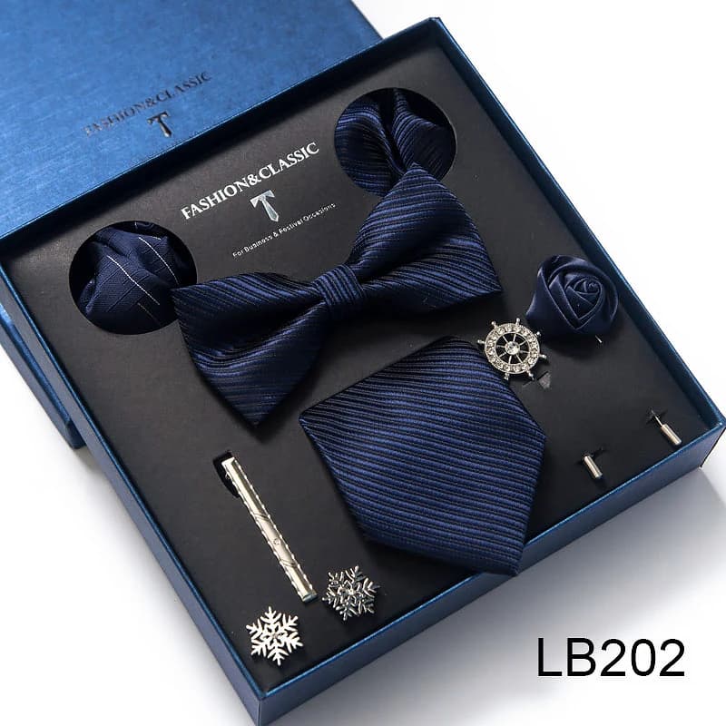 High Quality Tie Set Luxury Gift Box Silk Necktie Set 8 cm Festive Present Cravat Pocket Squares Blue Holiday Gift