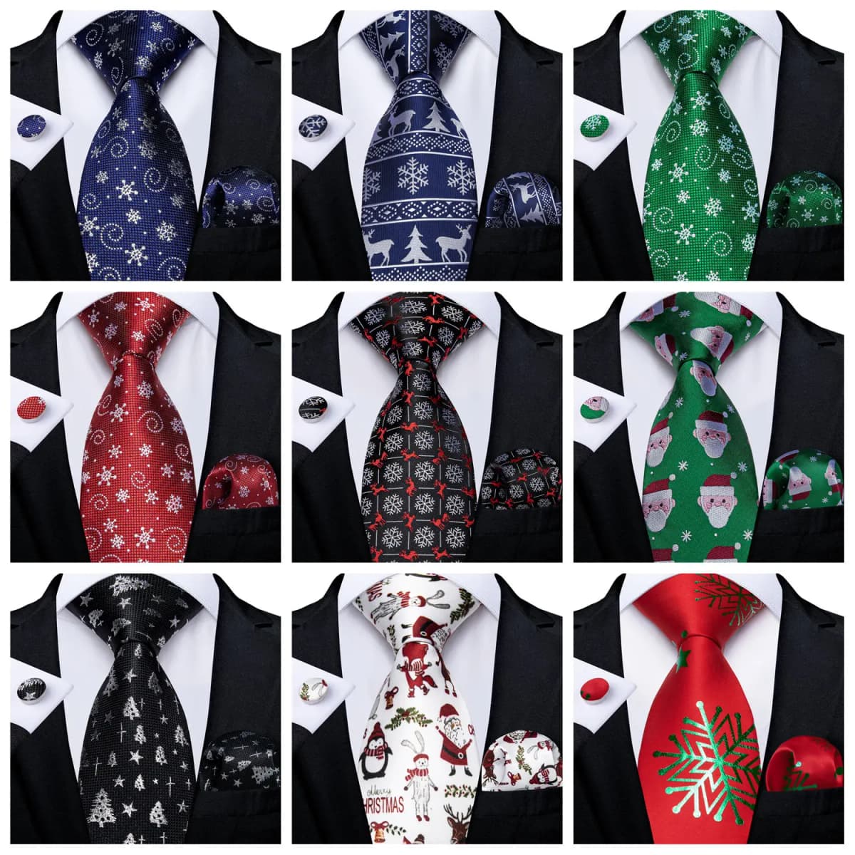 Blue Green Christmas Men tie Set with Handkerchief Cufflinks Wedding Prom Groom Accessories Perfect Gift for Men
