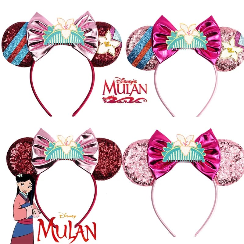 Cartoon Mulan Hairband Girl Cartoon Anime Sequin Ears Headband Kids Magnolia Flower Sequins Bow Hair Accessories Women Carnival