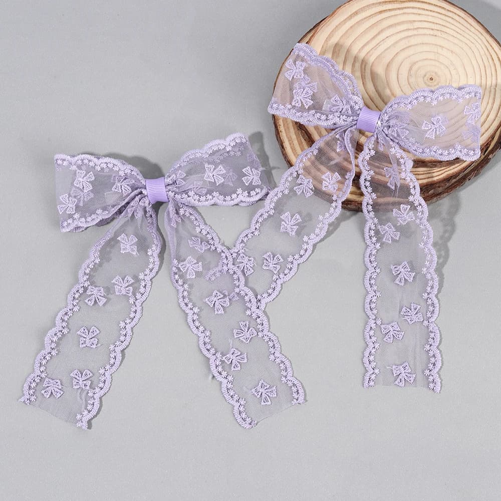 2Pcs Lace Bow Hair Clips Purple Embroidered Floral Hairpins For Women Girls Wedding Bridal Party Headdress Accessories Headwear