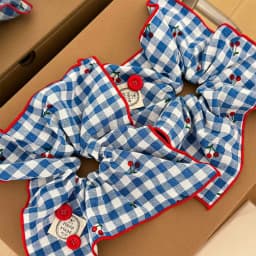 1pc Korean cherry blue plaid button square scarf large intestine scrunchie, women's large hair tie, low ponytail head rope
