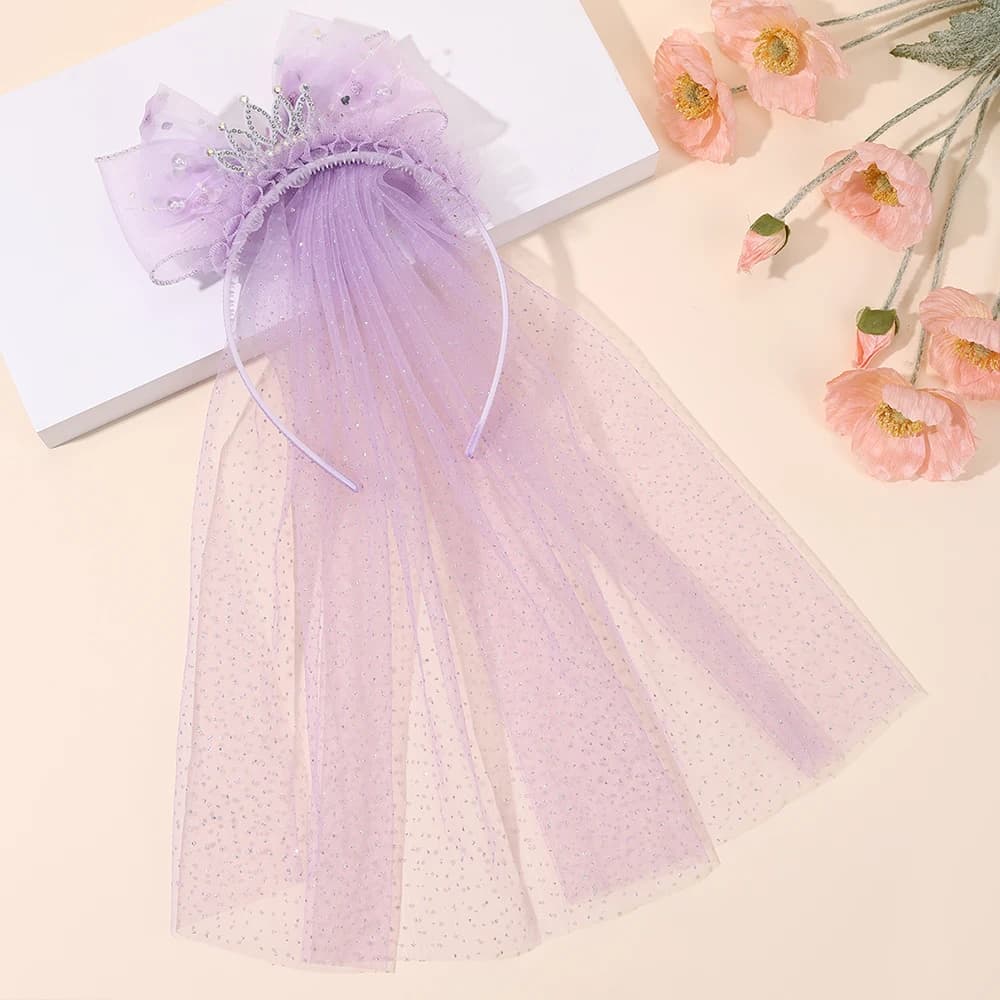 Cute Princess Wedding Veil Headband With Crown Large Meah Bow Hair Hoop Sweet Birthday Party Hair Band Costume Hair Accessories