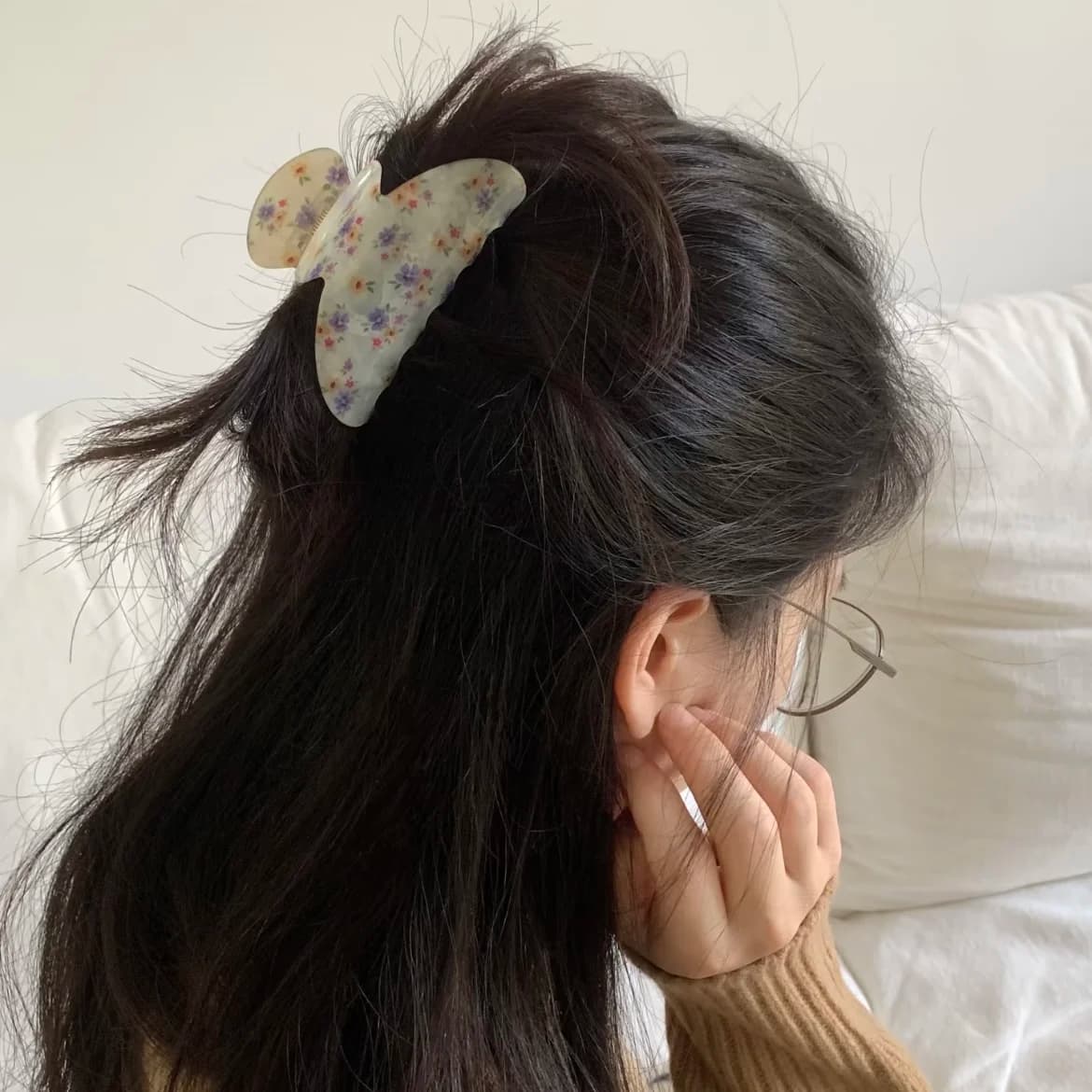 1PC Floral Print Acrylic Hair Claw Clip, Cute Butterfly - Shaped Hair Grip, Sweet Hair Accessory For Women And Girls