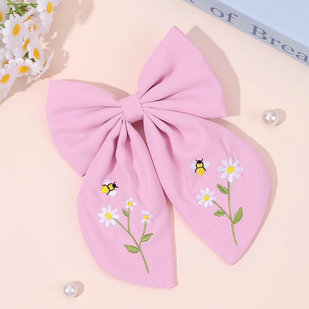 Flower Bow Hair Clips Sweet Pink Bee Floral Handmade Embroidery Bownot Barrette For Girls Children Daliy Heawear Accessories