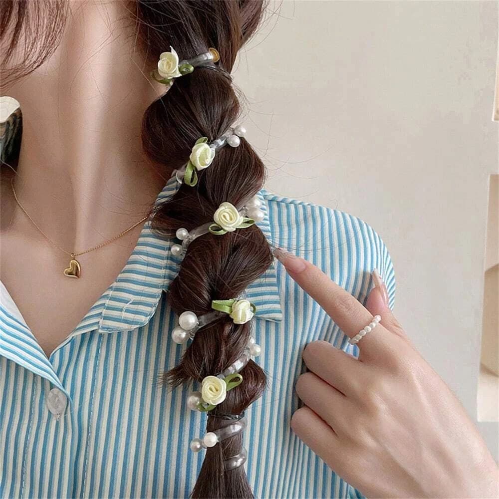 1/3Pcs Rose Pearl Telephone Wire Hair Scrunchie Flower Hair Clip Hair Tie, High-End Women Hair Accessory