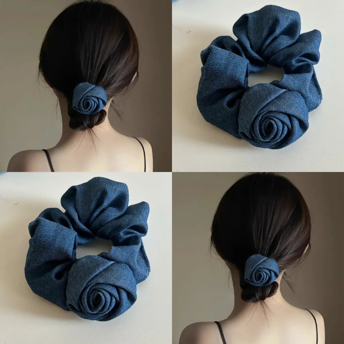 Rose Flower Denim Hair Scrunchies Elastic Hair Bands Women Girls Blue Ponytail Holder Hair Ties Ropes Hair Accessories