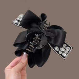 1Pc High-End Black Satin Bow Shark Clip with Glitter Diamond Satin Fashion Temperament Hair Accessory for Updo Back of Head Grab
