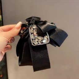 1Pc High-End Black Satin Bow Shark Clip with Glitter Diamond Satin Fashion Temperament Hair Accessory for Updo Back of Head Grab