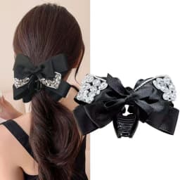 1Pc High-End Black Satin Bow Shark Clip with Glitter Diamond Satin Fashion Temperament Hair Accessory for Updo Back of Head Grab