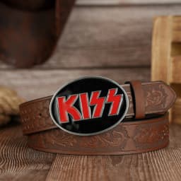 Oval KISS Red and Black Base Buckle Casual and Versatile Tengyun PU Embossed Belt Unisex Belt