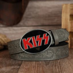 Oval KISS Red and Black Base Buckle Casual and Versatile Tengyun PU Embossed Belt Unisex Belt