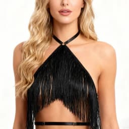 UYEE Women's Black Halter Top with Tassel Detail Adjustable Elastic Harness Casual All-Season Wear Belt