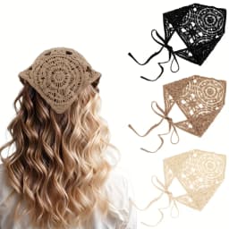 Hollow Crochet Headband Hair Bandana for Women, 3pcs Boho Triangle Head Scarf, Adjustable Non-Slip Headband, Retro Hair Kerchief