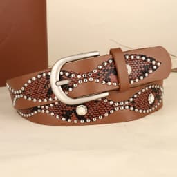 Trendy Punk Y2K Snake Print Belt with Pearls & Studs, PU Leather Waistband for Both Men and Women, Perfect for Jeans and Dresses