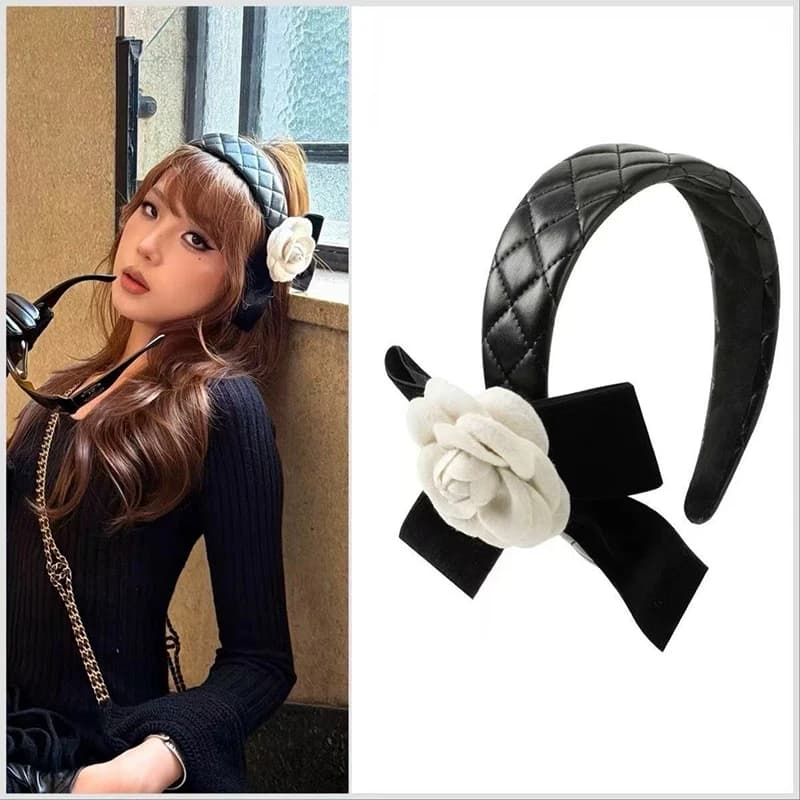 2026 Elegant Camellia Diamond Grid Leather Wide Edge Headband Fashionable Dressing Accessories Vintage Pressed Hair Headpiece