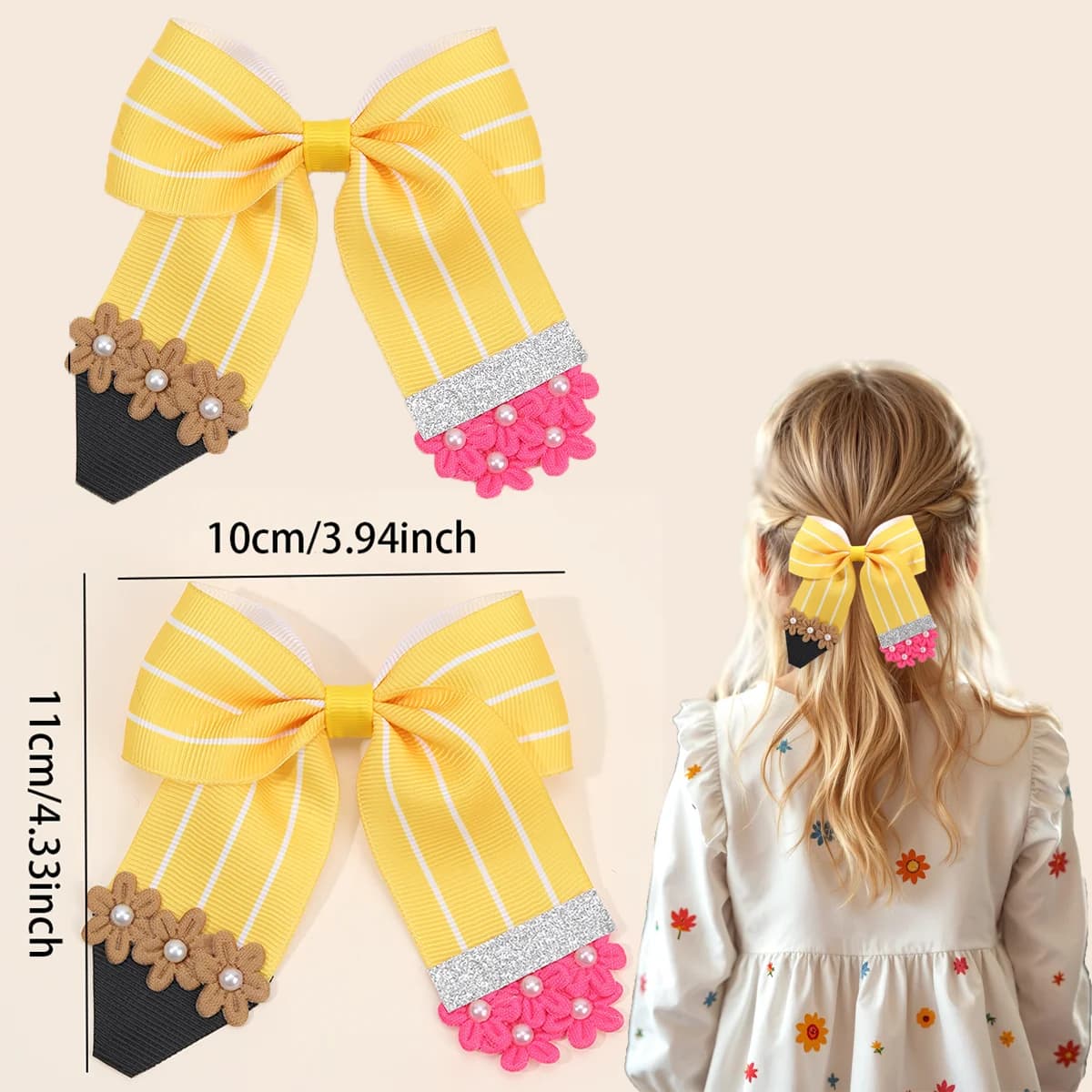 1/2Pcs Flower Pencil Bow Hair Clips Cute Sweet Back To School Ribbon Hairpins Hair Accessories For Girls Kids Daily Headwear