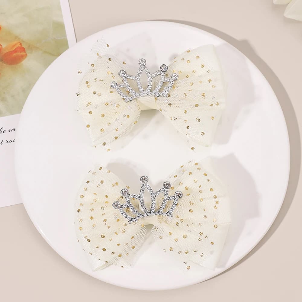 2Pcs Trendy Crown Bow Hair Clips For Girls Sweet Dot Mesh Fluffy Bownot Hairpins Children School Cute Headwear Hair Accessories