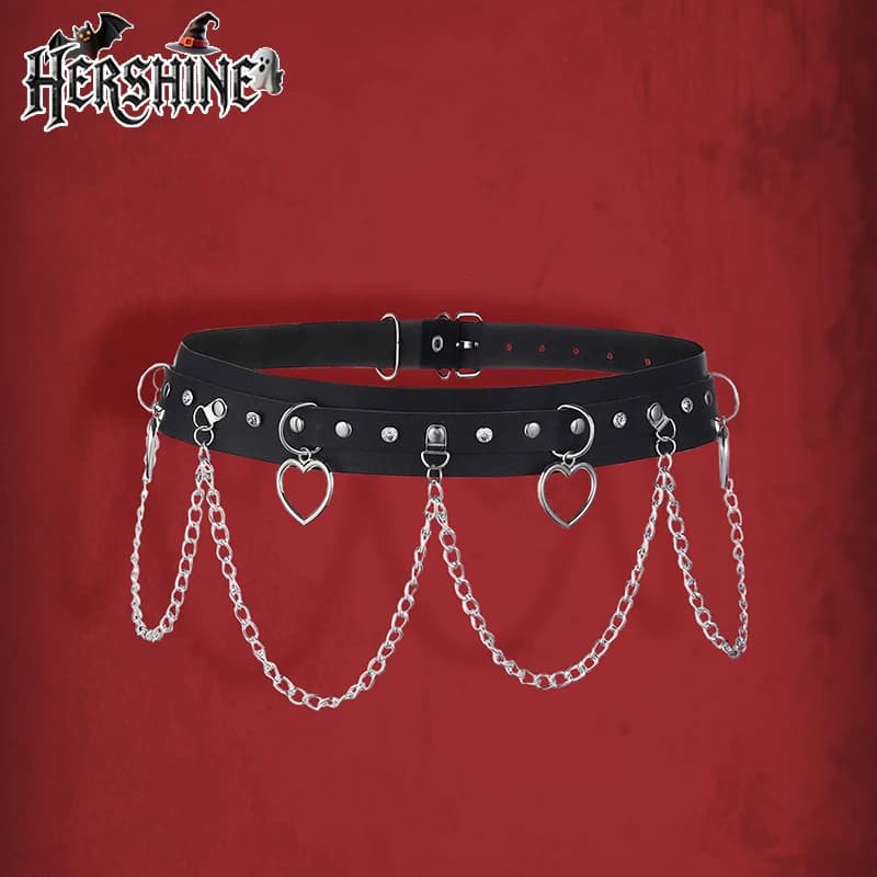 HERSHINE Women's Black Fashion Heart-Shaped Chain Studded Wide Belt, Y2K Gothic Punk Harajuku Rock Hip Hop Style，spring，summer