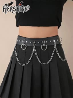 HERSHINE Women's Black Fashion Heart-Shaped Chain Studded Wide Belt, Y2K Gothic Punk Harajuku Rock Hip Hop Style，spring，summer