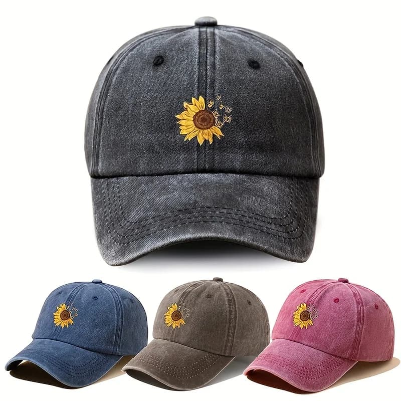Sunflower printed baseball cap with adjustable retro washed soft top cap suitable for both men and women for outdoor leisure