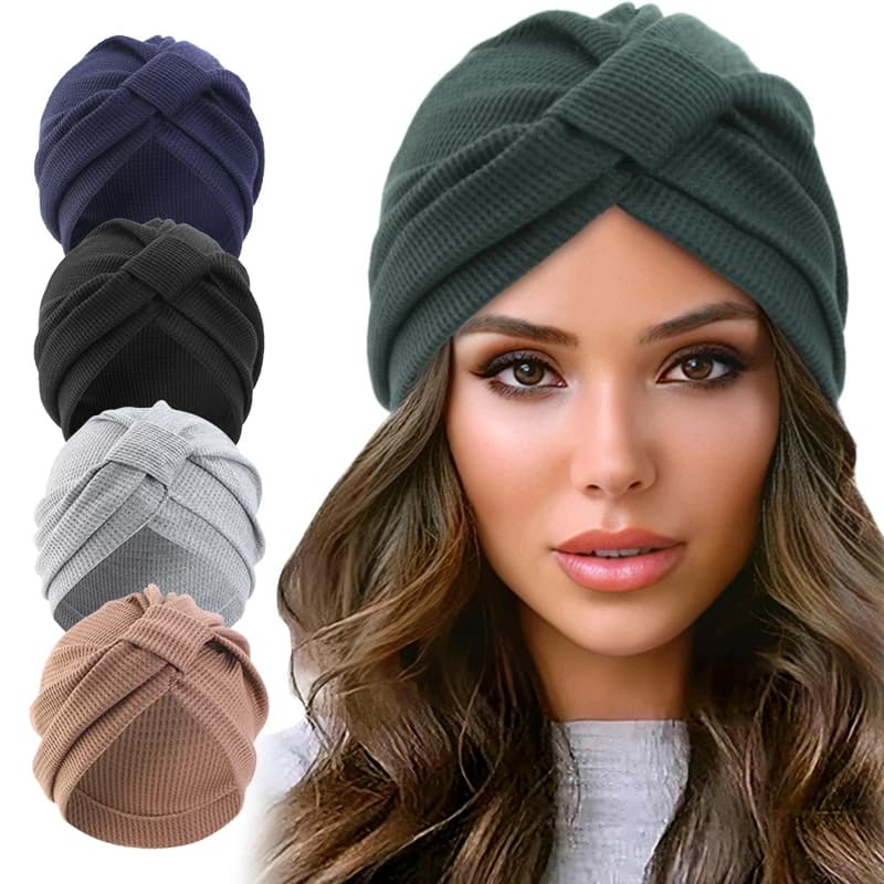 New Women's Cotton Thickened Waffle Square Knotted Turban Head Wrap Cancer Chemo Beanies Cap Headwear Cap Bonnet Hair Loss Hat