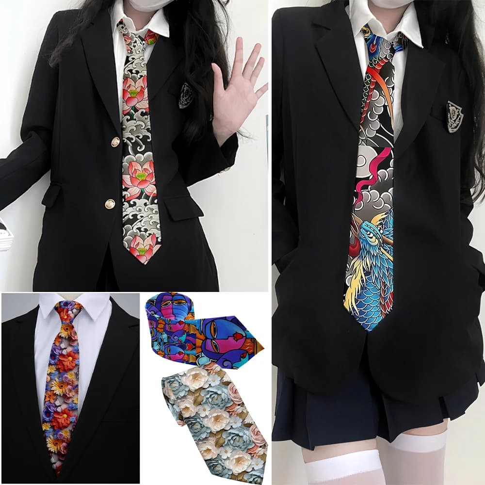 Anti-tattoo pattern printed tie men's 8cm wide casual business tea party shirt with tie knitted polyester fashion tie ladies
