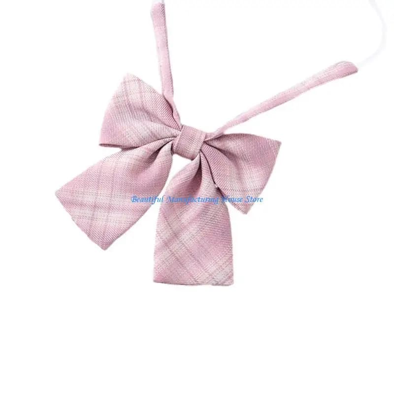 E56A JK Girl Sweet Pink Checkered Pre-Tied Tie Polyester Silk Necktie Japanese College School Uniform Bowknot Bowtie Neckwear