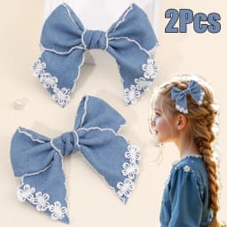 2Pcs Denim Flower Bow Hair Clips Sweet Cute Floral Embroidered Boho Bownot Hairpin For Girls Children Headwear Hair Accessories