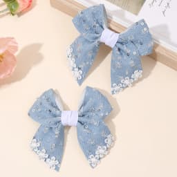2Pcs Denim Flower Bow Hair Clips Sweet Cute Floral Embroidered Boho Bownot Hairpin For Girls Children Headwear Hair Accessories
