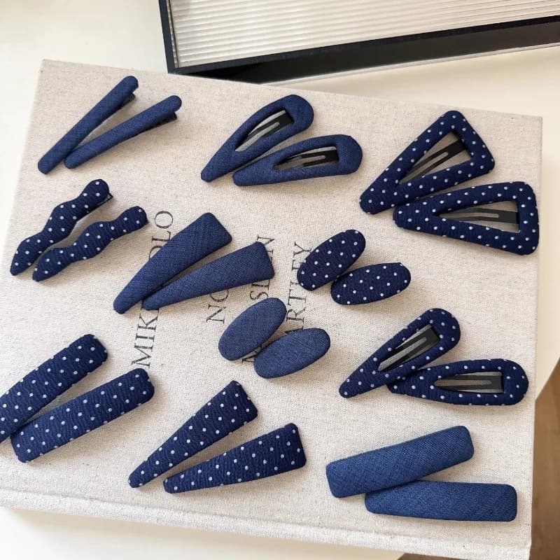 Vintage Korean Hair Clip Navy Blue Polka Dot Fabric Hairpin Handmade No Damage Hair Accessories for Women Hair Clips for Girls