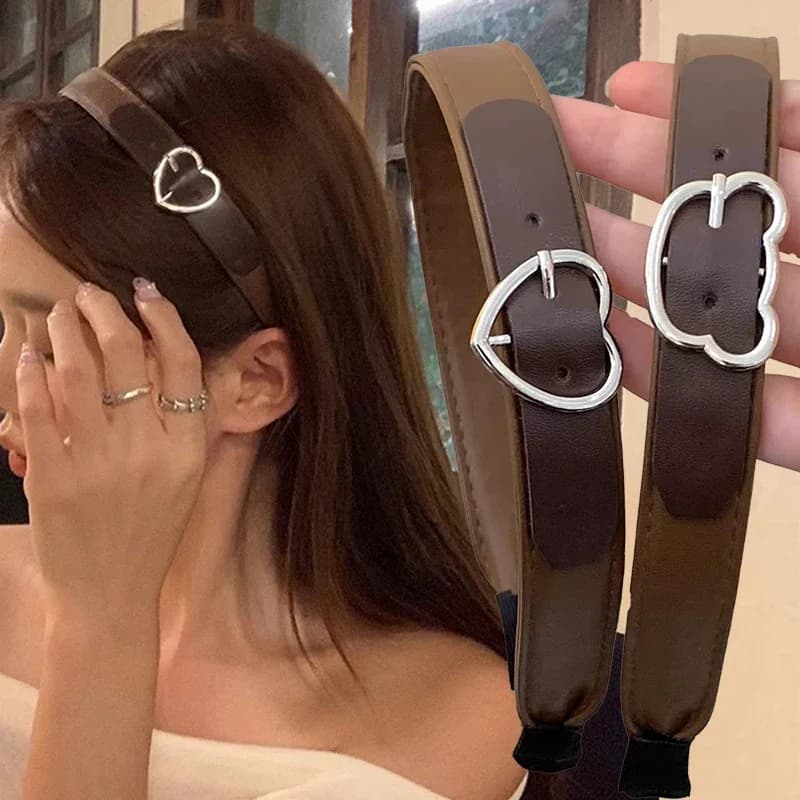 Fashion Coffee Brown Leather Buckle Hairband Hair Accessories Head Band for Women Spring Autumn Warm PU Leather Heart Headbands