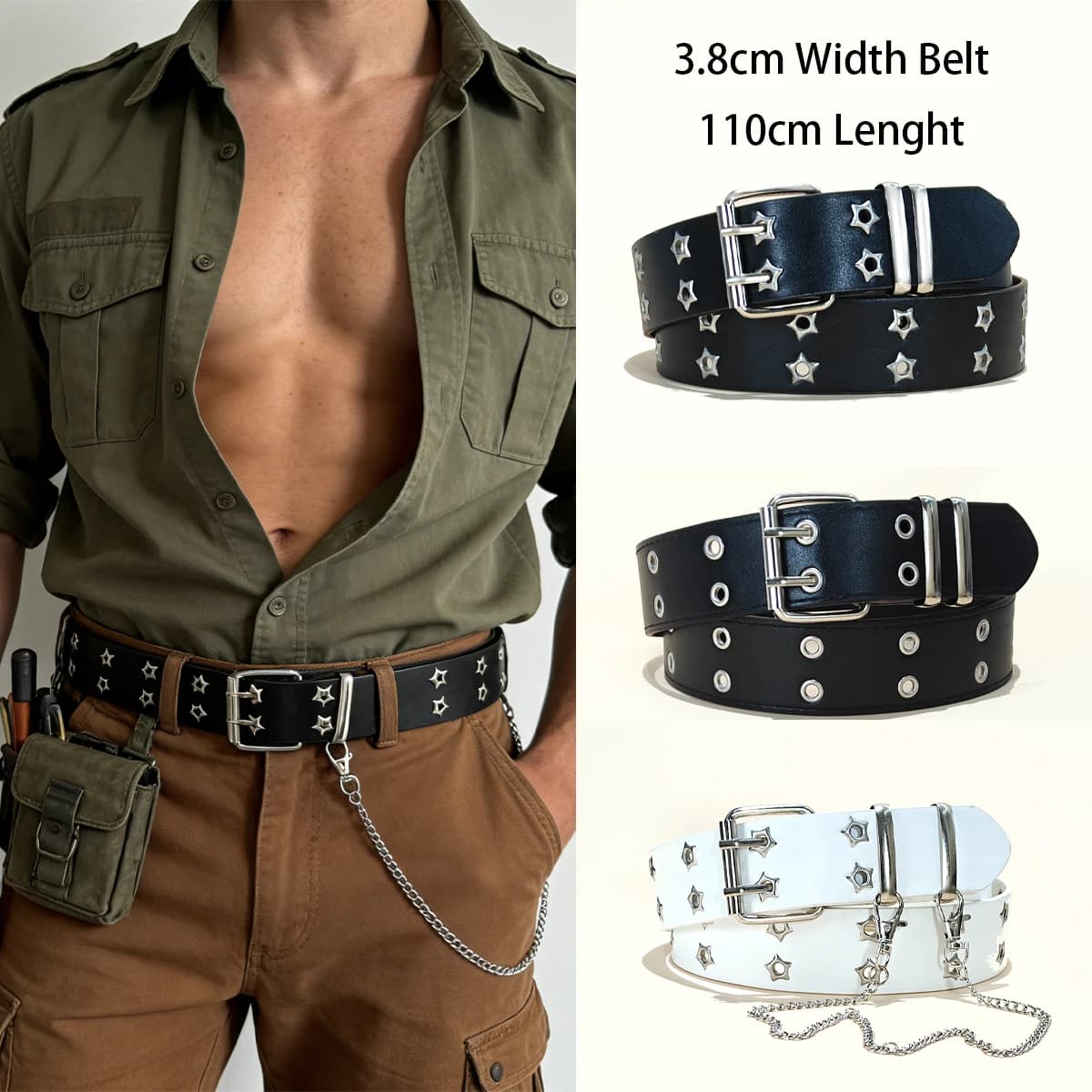 Star Eye Rivet Belt Gothic Style Double Pin Buckle Man/woman Fashion Casual Punk Style Pu Leather Waistband for Jeans Y2K Belt