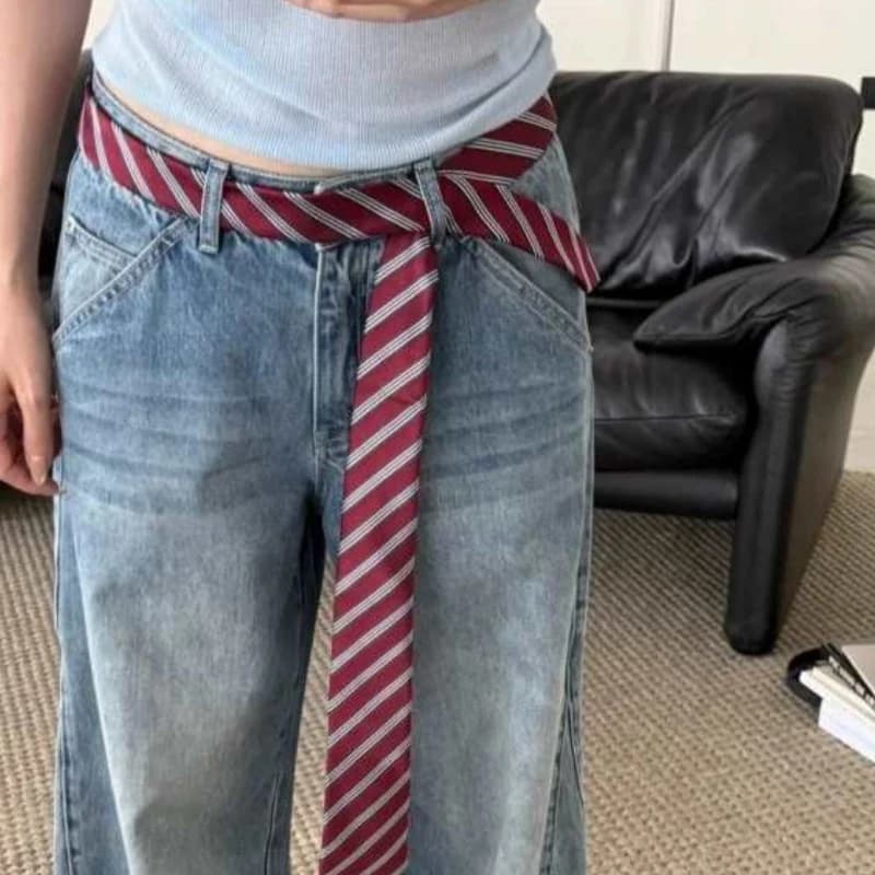 Women's Retro Wine Red Striped Necktie Hand-tied Scarf Neck Accessory Paired Stylish Distinctive Jeans Belt Layering Accessory