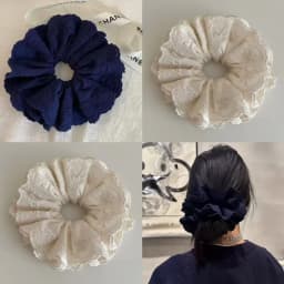 1PC Korean Niche Ballet - Style Navy Blue Bow Cotton Embroidered Chunky Hair Scrunchie, High - End Retro Hair Accessory Hair Tie