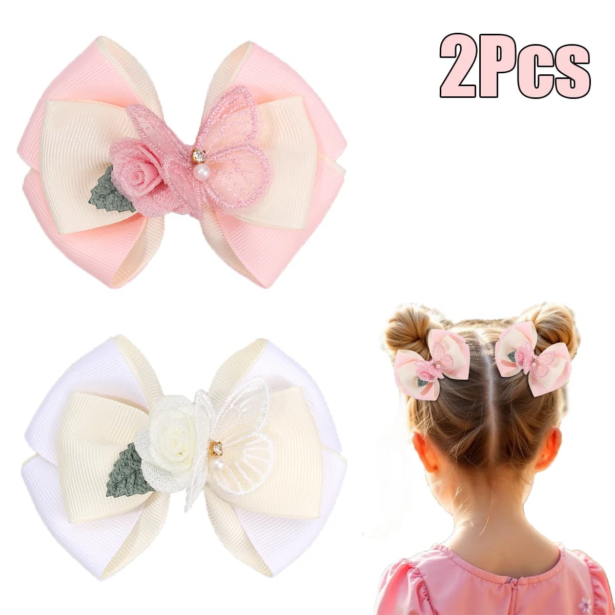 2Pcs Floral Bow Hair Clips 3D Flower Butterfly Hairpins Elegant Ribbon Bownot Barrette For Girls Children Headwear Accesories