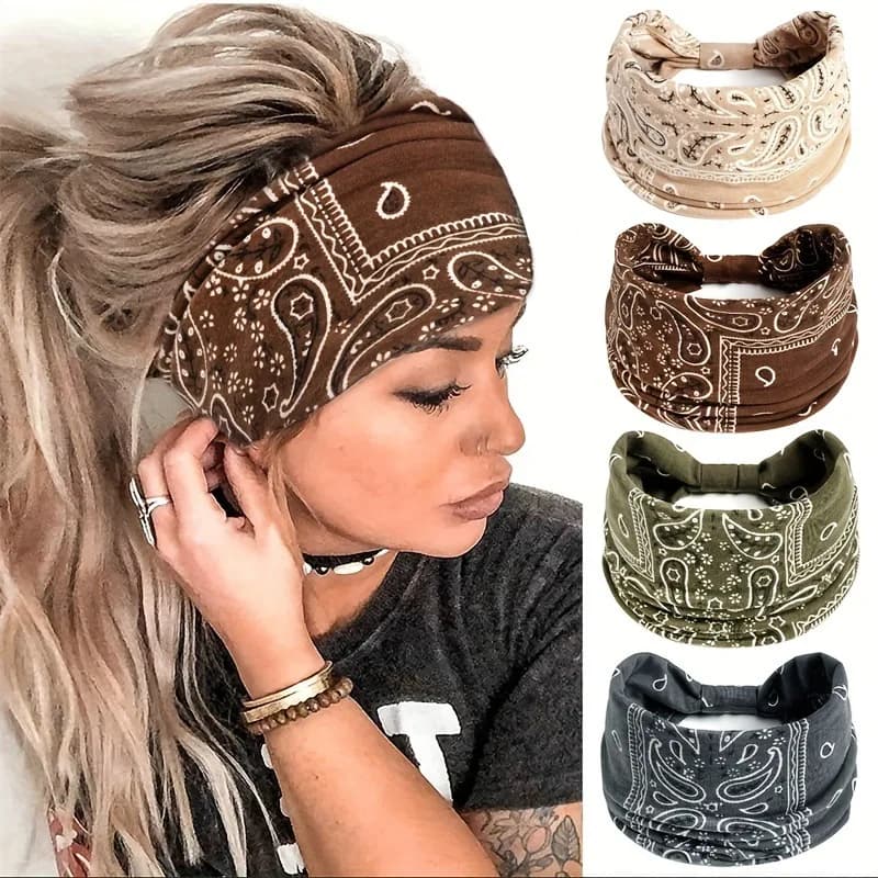 Paisley Headband Boho Yoga Hairband Non-Slip Elastic Sweatband Cross Design Sport Headwear Breathable Workout Accessory Women