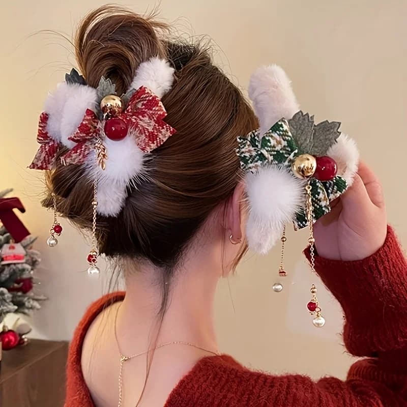 1/2pcs Elegant Christmas Plush Bow Tassel Hair Claw Clips for Women-Holidays, Christmas Day, Thanksgiving Gifts