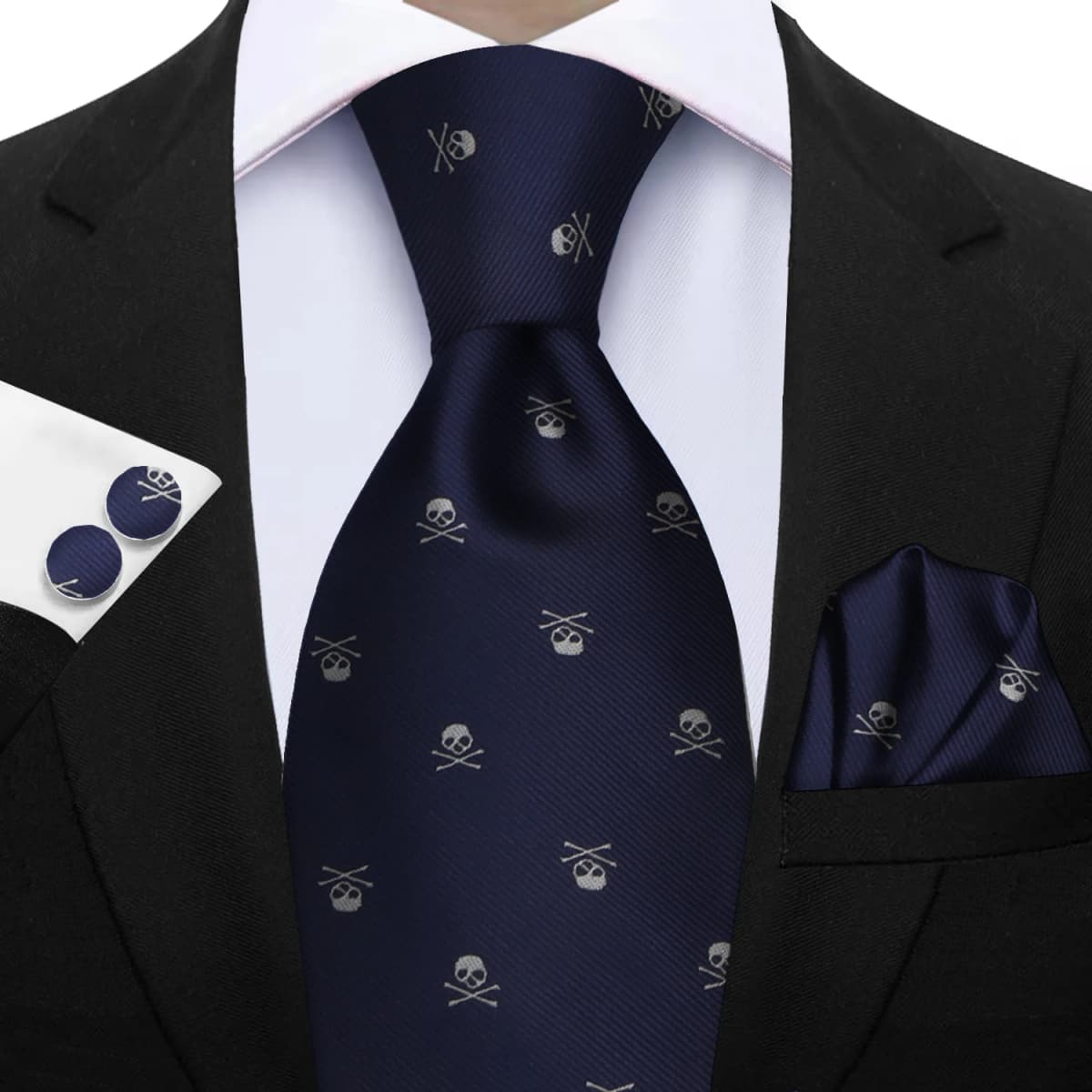 Elegant Ties For Men Gift Fashion Men Tie Set Skull Print Necktie Handchief Cufflinks 3 Pcs Business Wedding Suit Accessories