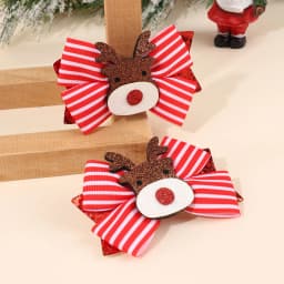 2Pcs Christmas Reindeer Bow Hair Clips Sweet Cute Stripe Bownot Hairpins For Girls Children Xmas Headwear Hair Accessories Gift